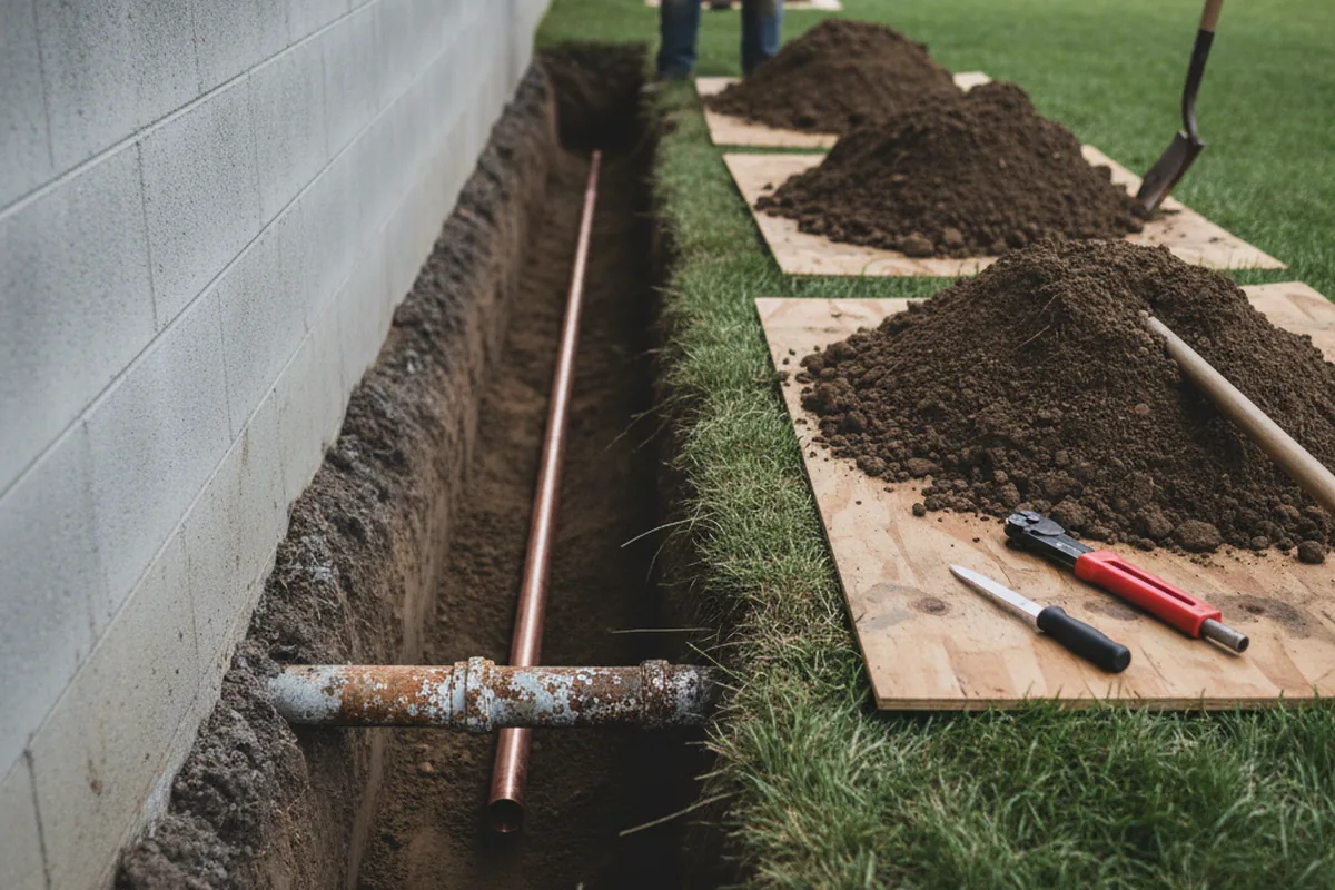 Excavated water line trench during Water Softener Installation in Chichester